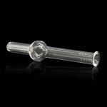 Clear glass oil burner pipe with a rounded mouthpiece and spherical collection chamber, reflecting on a black surface.