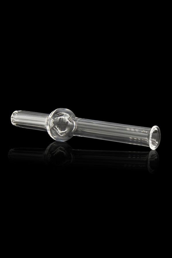 Clear glass oil burner pipe with a rounded mouthpiece and spherical collection chamber, reflecting on a black surface.