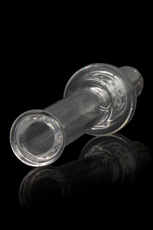 Clear glass water pipe with swirling iridescent patterns, reflecting on a dark surface.