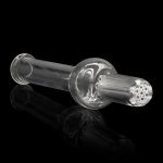 Clear glass bubbler with intricate swirling design and diffused downstem, reflected on a black surface.