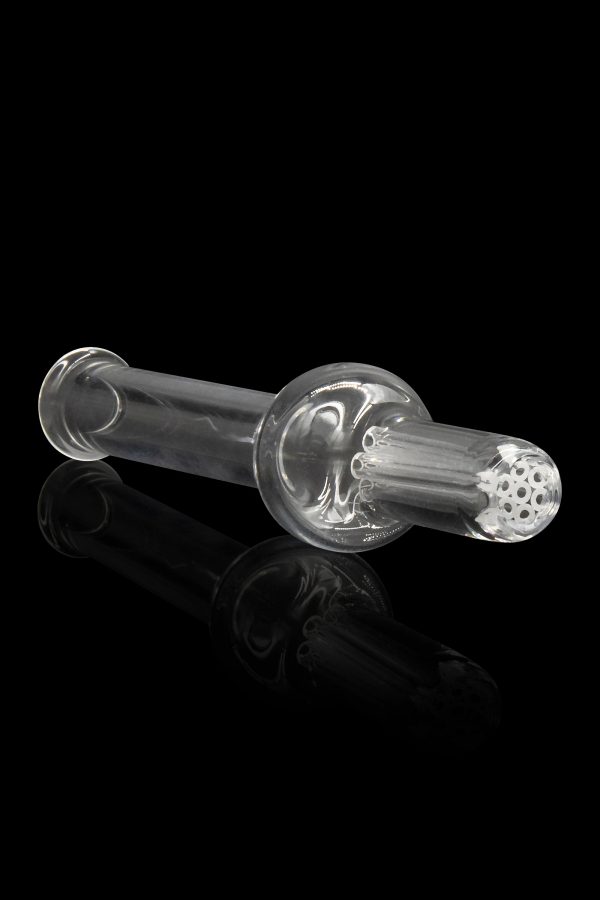 Clear glass bubbler with intricate swirling design and diffused downstem, reflected on a black surface.