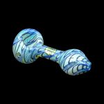 Blue and white glass smoking pipe on a black background.