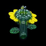 Green glass cannabis water pipe shaped like a blooming flower.