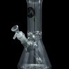 Clear glass water pipe (bong) with intricate swirling patterns and a glass bowl attachment.