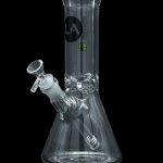 Clear glass water pipe (bong) with intricate swirling patterns and a glass bowl attachment.