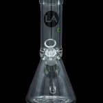 Clear glass bong with a flared base and ice catcher, featuring a “LA” logo.