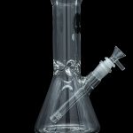 Clear glass bong with vertical lines and a removable downstem, isolated on a black background.
