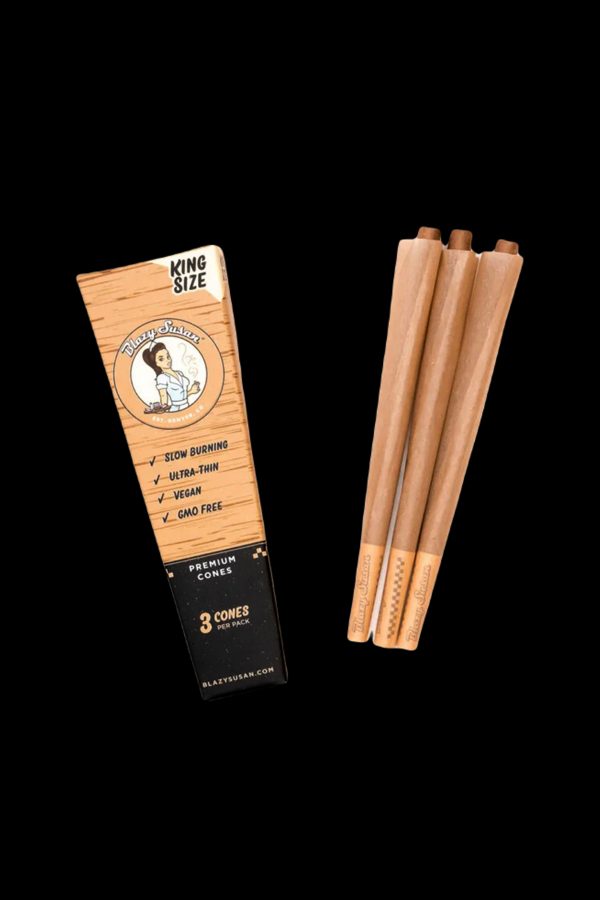 Pack of Blazy Susan premium king-size cones with three pre-rolled cones visible.