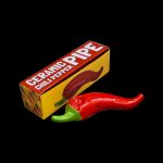 Red ceramic chili pepper pipe in its packaging.