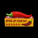 Red pepper-shaped cannabis storage box with “Spice Up Your Day” text and flame graphics.