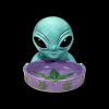 Turquoise alien head ashtray with cannabis leaf design on a purple base, isolated on black.