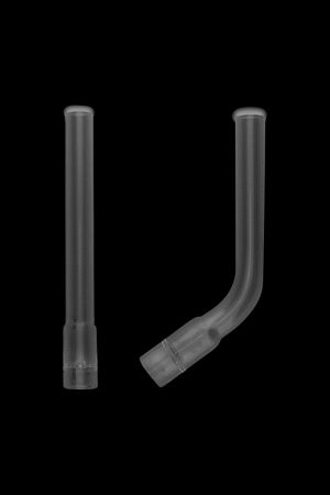 A close-up, angled view of the Arizer Solo Bent Glass Mouthpiece, showcasing its clear glass construction and curved design.