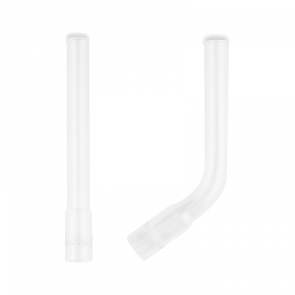 A front view of the Arizer Solo Bent Glass Mouthpiece, displaying its simple, curved design against a plain white background.