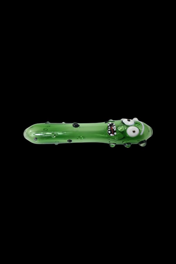 A green glass pipe shaped like Rick Sanchez from *Rick and Morty*.