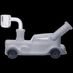 Frosted glass water pipe shaped like a classic car with black wheels.