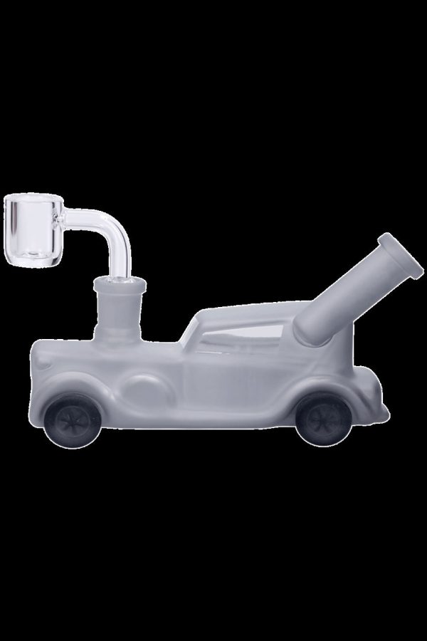 Frosted glass water pipe shaped like a classic car with black wheels.