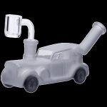 Frosted glass water pipe shaped like a classic car with a glass bowl and mouthpiece.