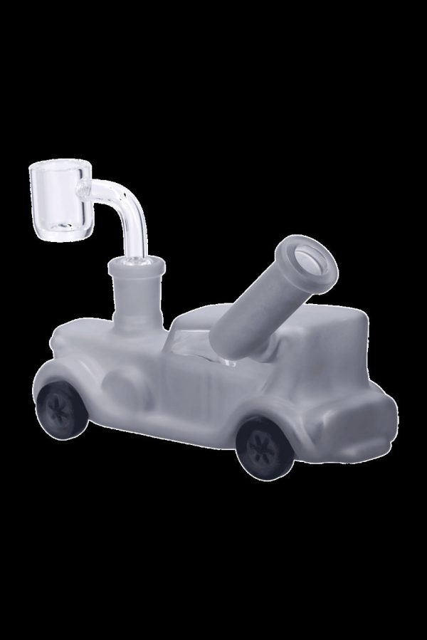 Glass dab rig shaped like a vintage car with a quartz banger.