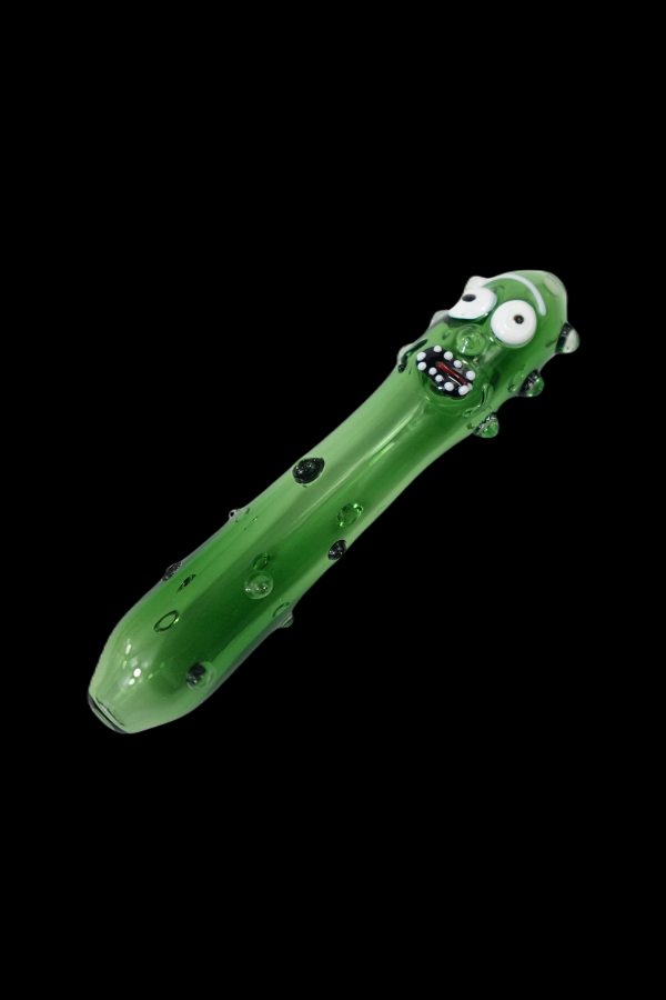 Green glass pipe shaped like Rick Sanchez from *Rick and Morty*.