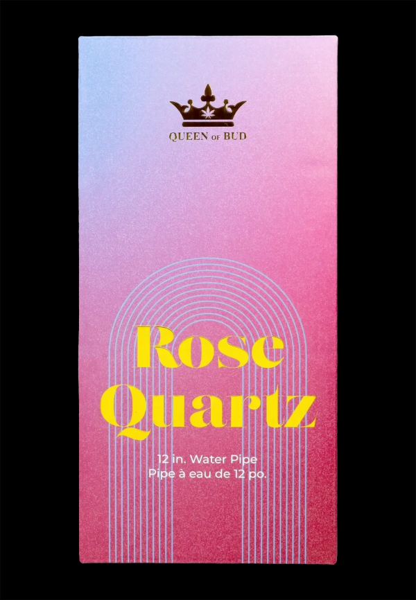 Pink packaging for “Rose Quartz” 12-inch water pipe with cannabis leaf crown logo.