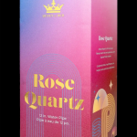 Packaging for a “Rose Quartz” 12-inch water pipe, featuring a pink and gold design with floral imagery.