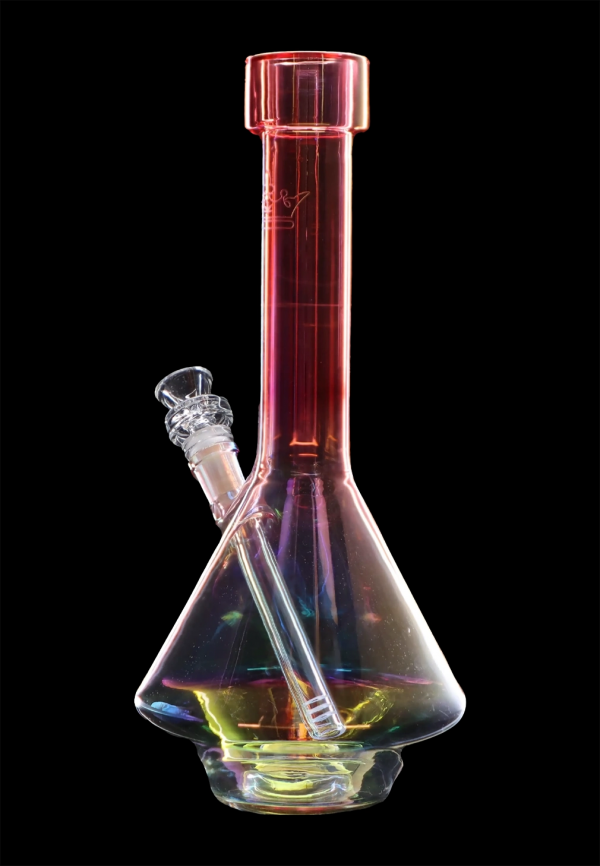 Iridescent glass water pipe (bong) against a black background.