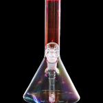 Iridescent glass bong with a clear bowl piece against a black background.