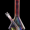 Iridescent glass water pipe (bong) with a flared base and clear mouthpiece, isolated on black.