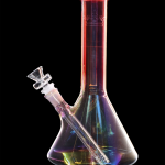 Iridescent glass water pipe (bong) with a flared base and clear mouthpiece, isolated on black.
