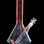 Iridescent glass water pipe (bong) against a black background.