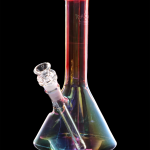 Iridescent glass water pipe (bong) against a black background.