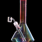 Iridescent glass rig with a quartz banger, isolated on black.
