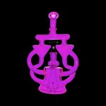 Purple glass dab rig with intricate looping design.