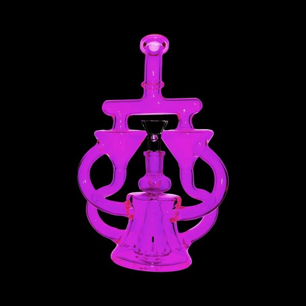 Purple glass dab rig with intricate looping design.