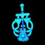 Blue glass water pipe (rig) with intricate looped design.
