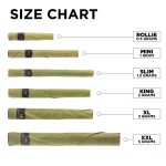Cannabis blunt size chart displaying six different sizes—Rollie (0.5g), Mini (1g), Slim (1.5g), King (2g), XL (3g), and XXL (5g)—with corresponding images of each rolled blunt.",