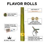 Close-up of a King Palm pre-rolled cone with labels highlighting its natural palm leaf material, humidity control, zero additives, and terpene-infused filter tip.