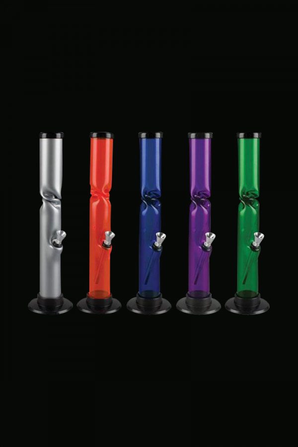 A straight, clear Acrylic Straight Tube Bong With Ice Catcher is shown in a frontal view against a dark backdrop.