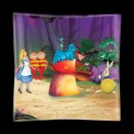 A rectangular glass ashtray featuring a colorful, psychedelic illustration of characters from *Alice in Wonderland*.