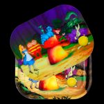 Alice in Wonderland-themed metal rolling tray with characters like the Mad Hatter, White Rabbit, and Cheshire Cat depicted in a vibrant, psychedelic style.