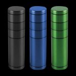 Front view of three All-In-One Dugout & Grinder with Storage units, each in a different metallic finish on a black background.