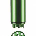 Front view of the All-In-One Dugout & Grinder with Storage, showing a disassembled view of its green components.