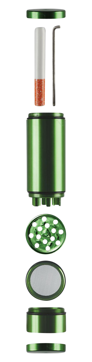 Front view of the All-In-One Dugout & Grinder with Storage, showing a disassembled view of its green components.