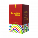 Front view of the “Famous Brandz 'Amnesia'” straight tube with a visible banger, displaying a clear glass construction.