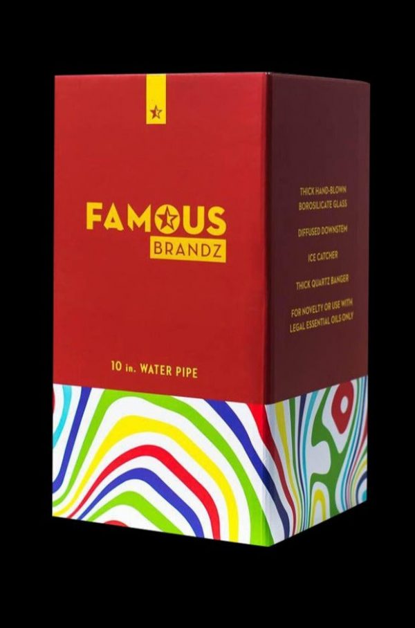 Front view of the “Famous Brandz ‘Amnesia’ Straight Tube with Banger,” showcasing its colorful, patterned glass design.