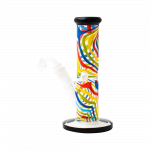 Front view of the Famous Brandz "Amnesia" Straight Tube with Banger, showcasing its colorful patterned glass against a plain white background.