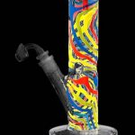 Front view of the Famous Brandz "Amnesia" Straight Tube with Banger, showcasing its colorful pattern and cylindrical shape.