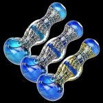 A three-quarter view of the Art Deco Homage 3-Sided Neck Spoon Pipe, showcasing its sculpted blue and white glass design.