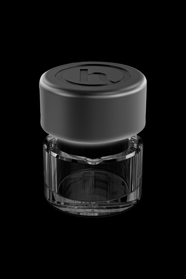 Black cannabis storage jar with a screw-on lid.