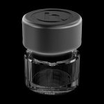 Black cannabis storage jar with a screw-on lid.